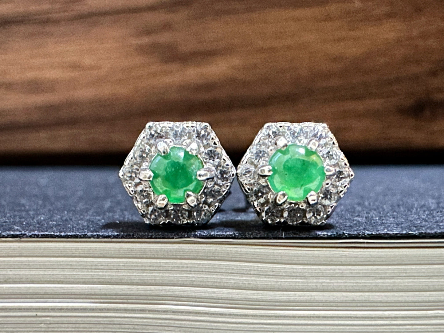 Natural Myanmar Imperial Green Jade Cabochons Ear Studs in 925 Sterling Silver and Zircons