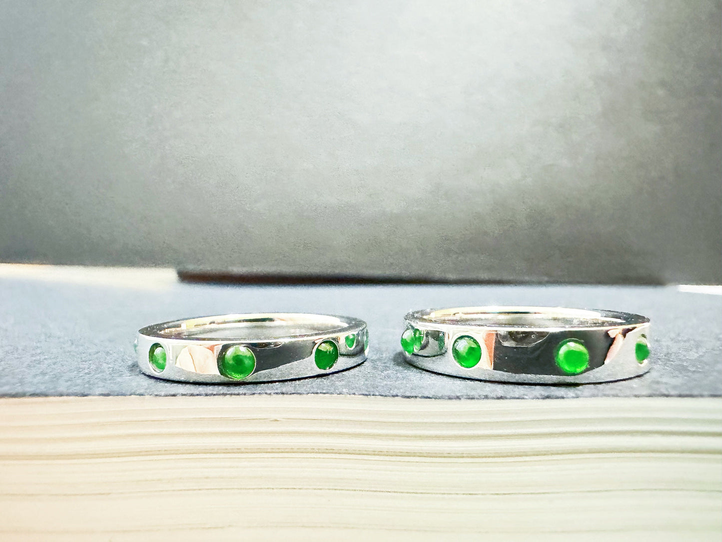 Natural Imperial Green Jade Cabochon 18K White Gold Ring, Stackable Wedding Band Stacking Ring