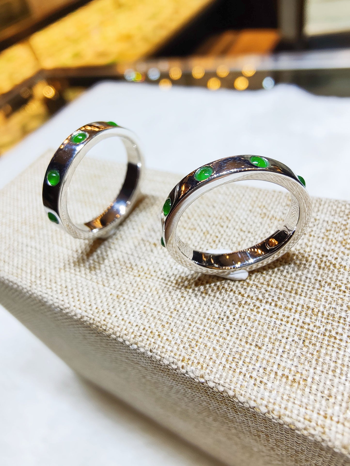 Natural Imperial Green Jade Cabochon 18K White Gold Ring, Stackable Wedding Band Stacking Ring