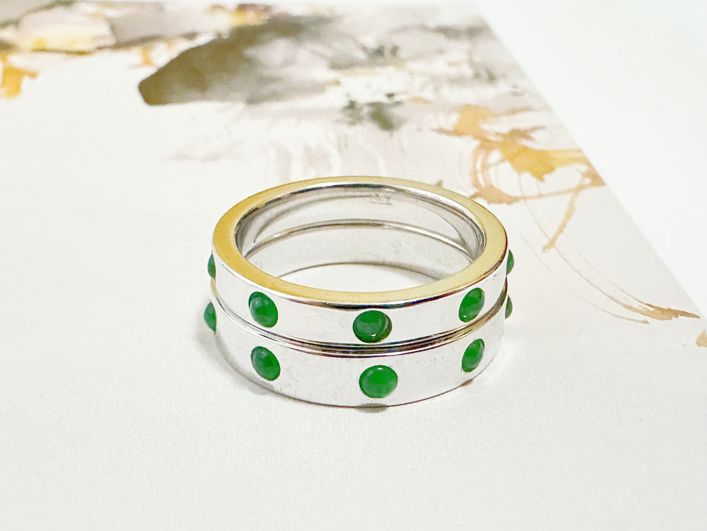 Natural Imperial Green Jade Cabochon 18K White Gold Ring, Stackable Wedding Band Stacking Ring