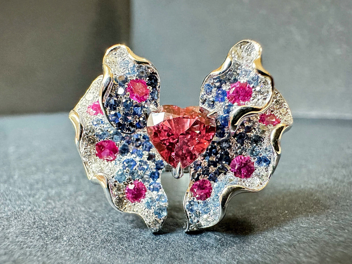 Certified Padparadscha Sapphire Butterfly 18K White Gold Ring and Pendant - Two Way