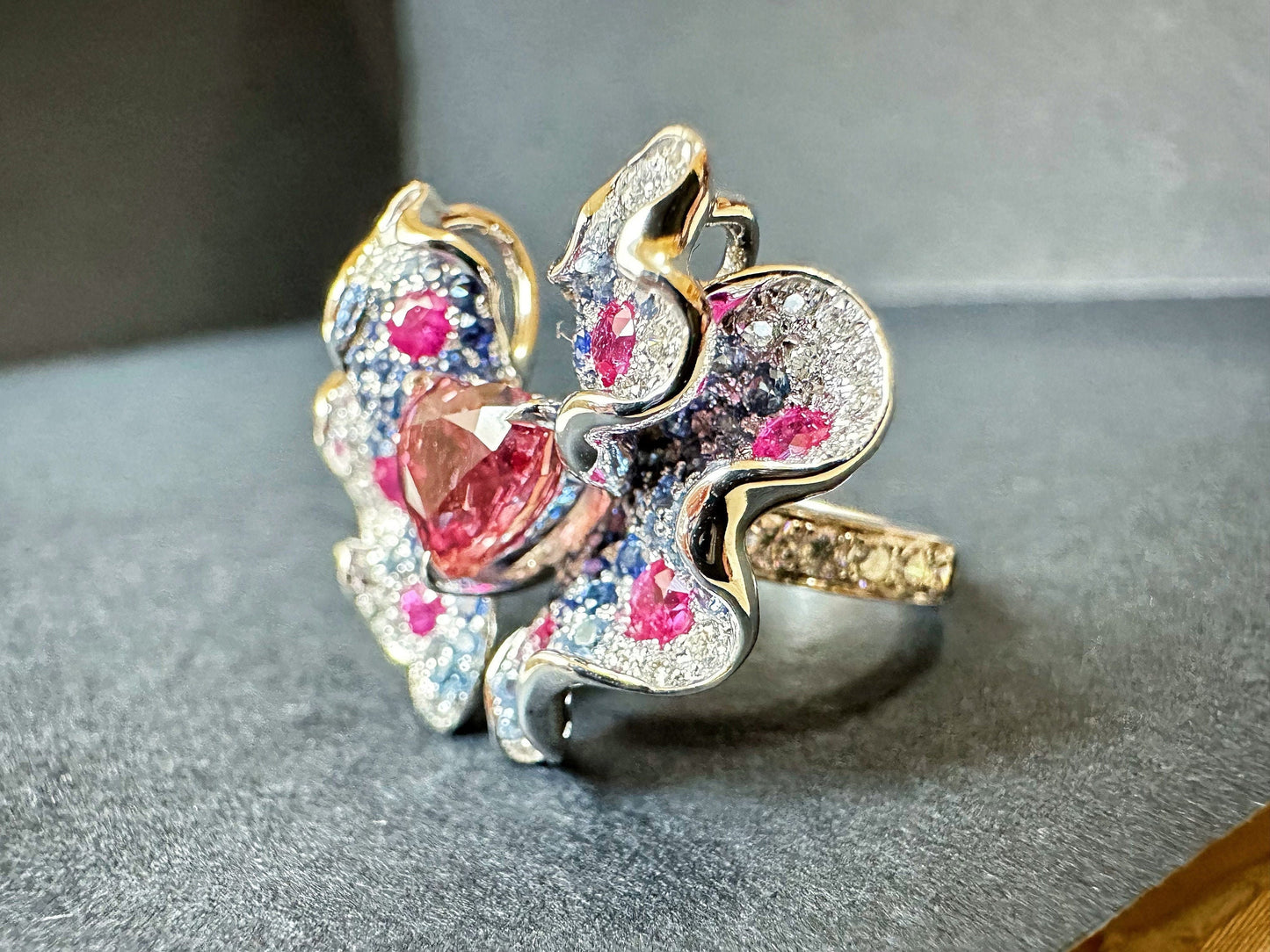 Certified Padparadscha Sapphire Butterfly 18K White Gold Ring and Pendant - Two Way