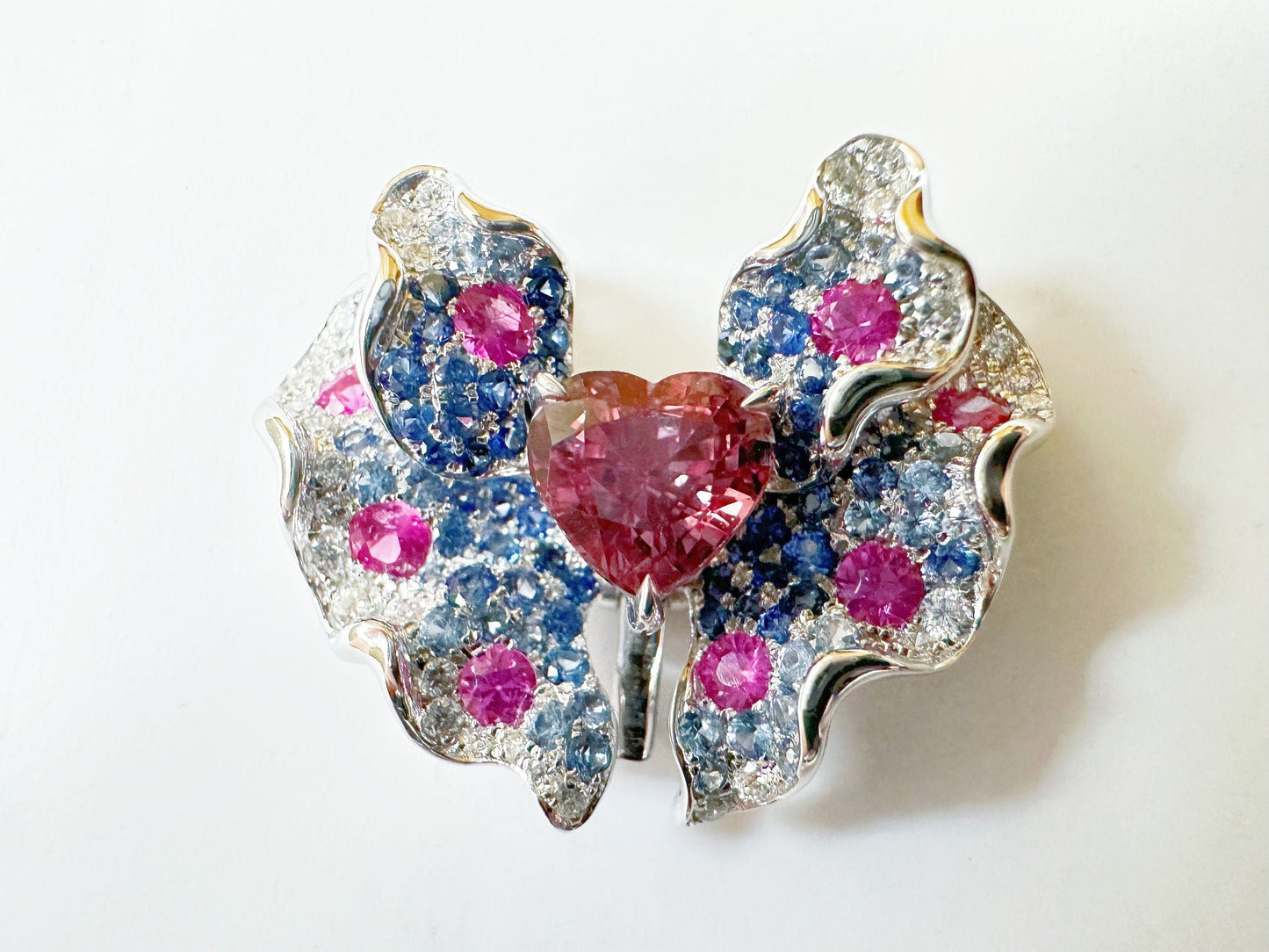 Certified Padparadscha Sapphire Butterfly 18K White Gold Ring and Pendant - Two Way