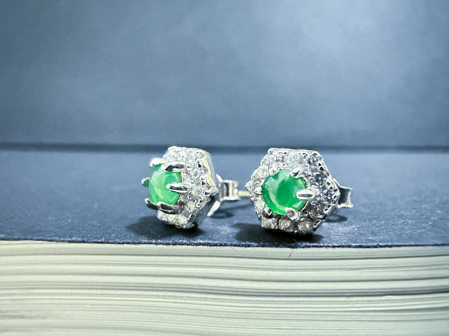 Natural Myanmar Imperial Green Jade Cabochons Ear Studs in 925 Sterling Silver and Zircons