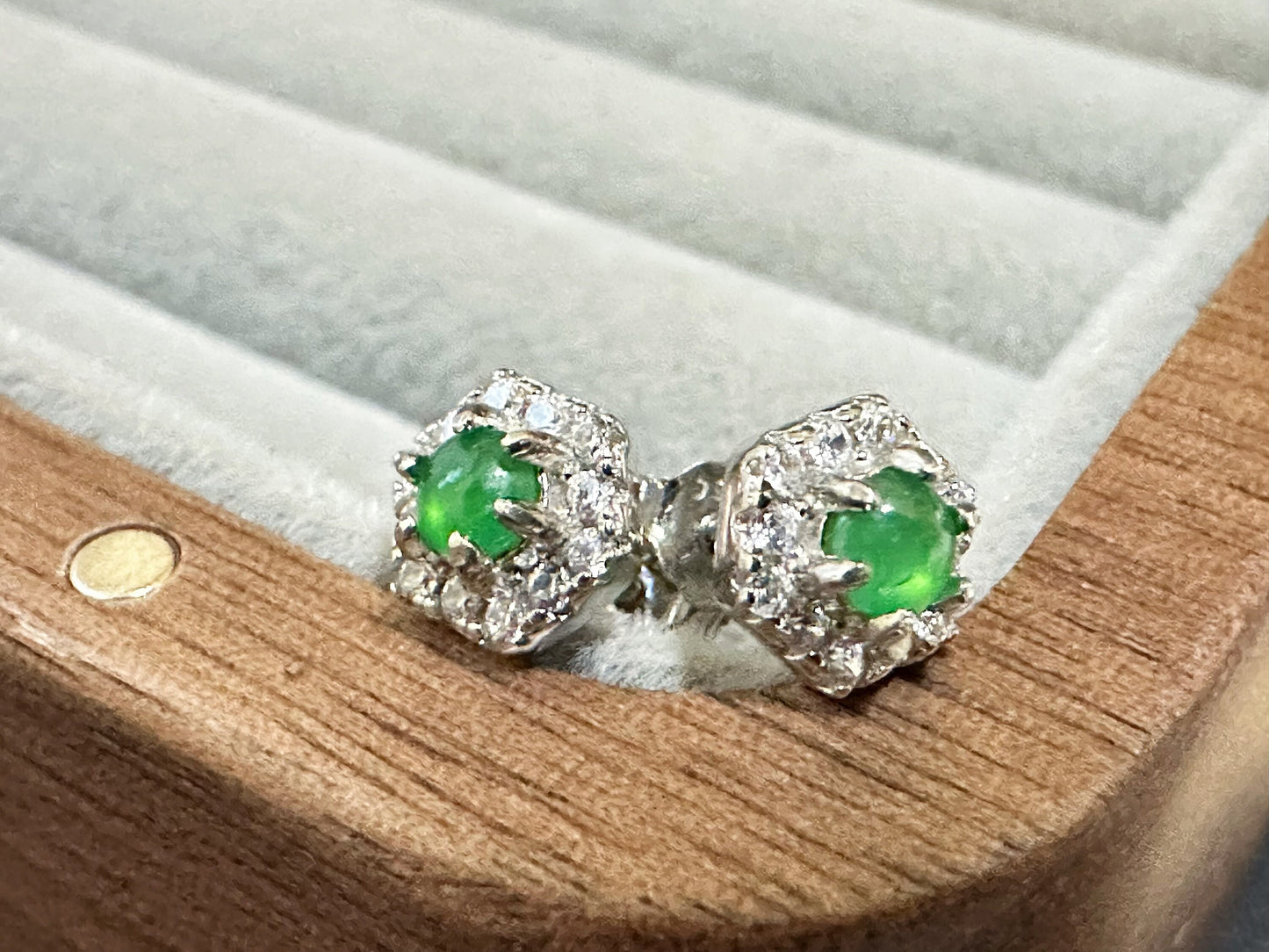 Natural Myanmar Imperial Green Jade Cabochons Ear Studs in 925 Sterling Silver and Zircons