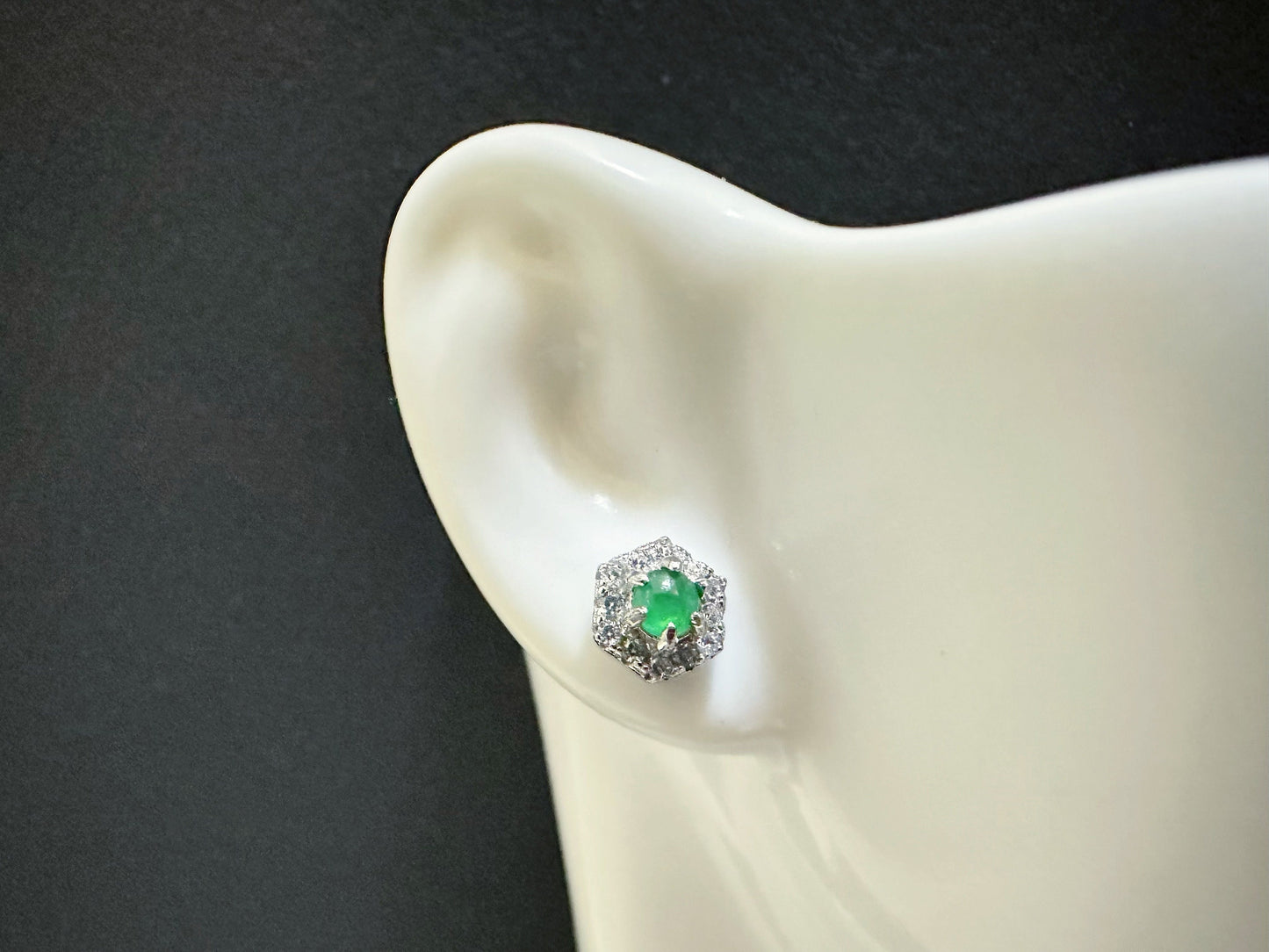 Natural Myanmar Imperial Green Jade Cabochons Ear Studs in 925 Sterling Silver and Zircons