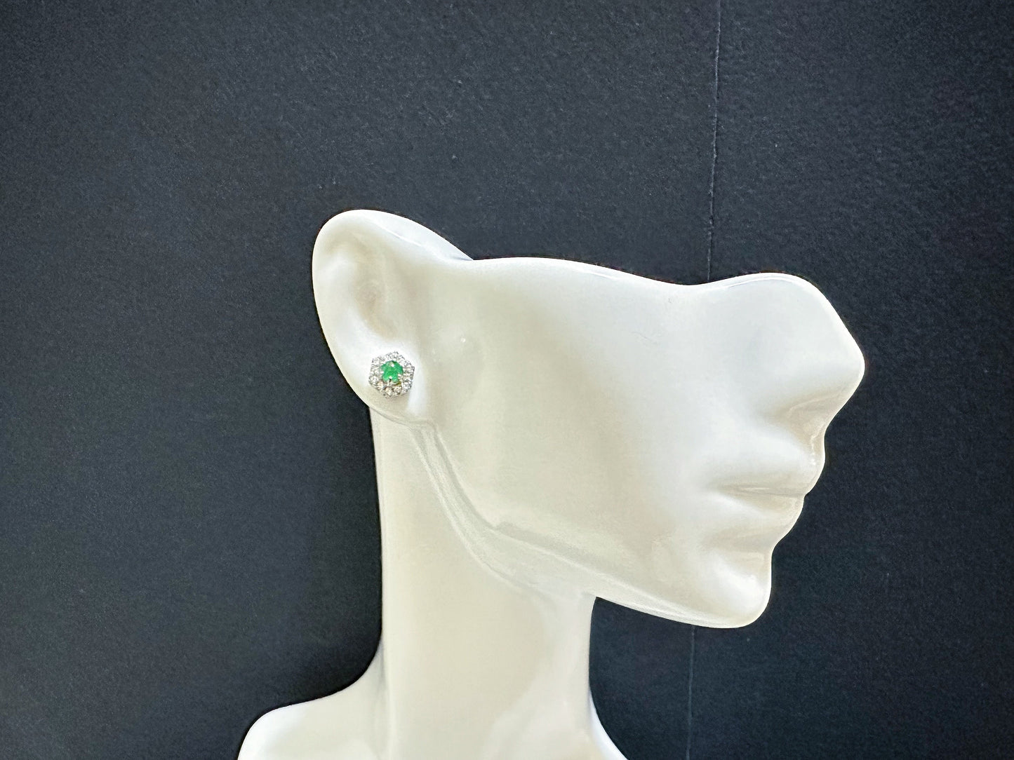 Natural Myanmar Imperial Green Jade Cabochons Ear Studs in 925 Sterling Silver and Zircons