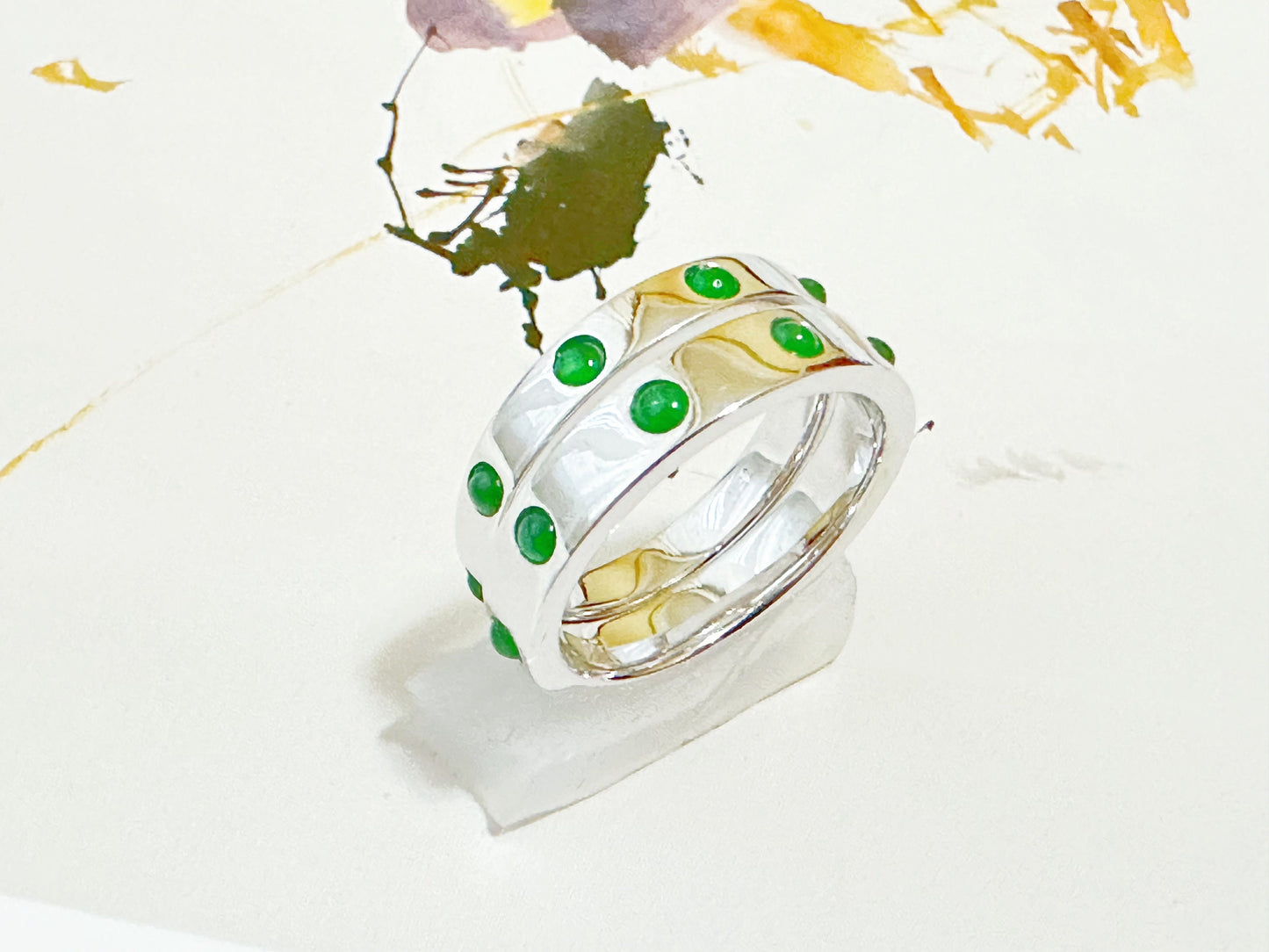 Natural Imperial Green Jade Cabochon 18K White Gold Ring, Stackable Wedding Band Stacking Ring
