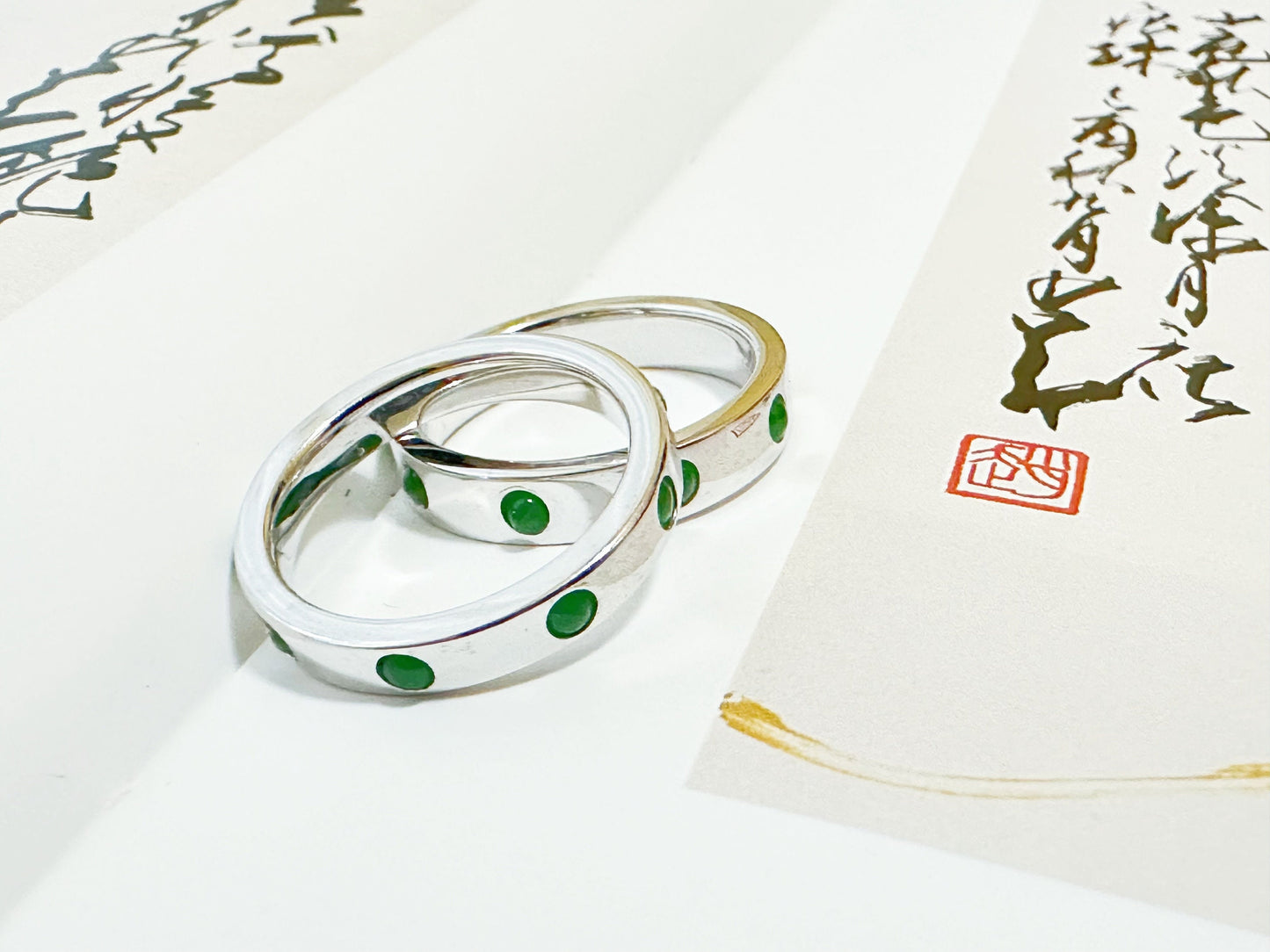 Natural Imperial Green Jade Cabochon 18K White Gold Ring, Stackable Wedding Band Stacking Ring