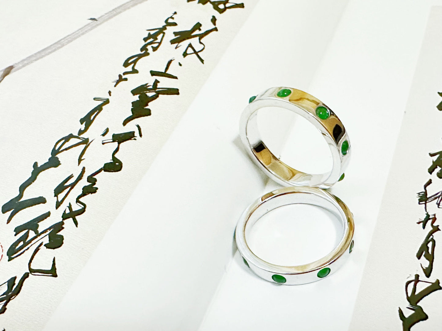 Natural Imperial Green Jade Cabochon 18K White Gold Ring, Stackable Wedding Band Stacking Ring