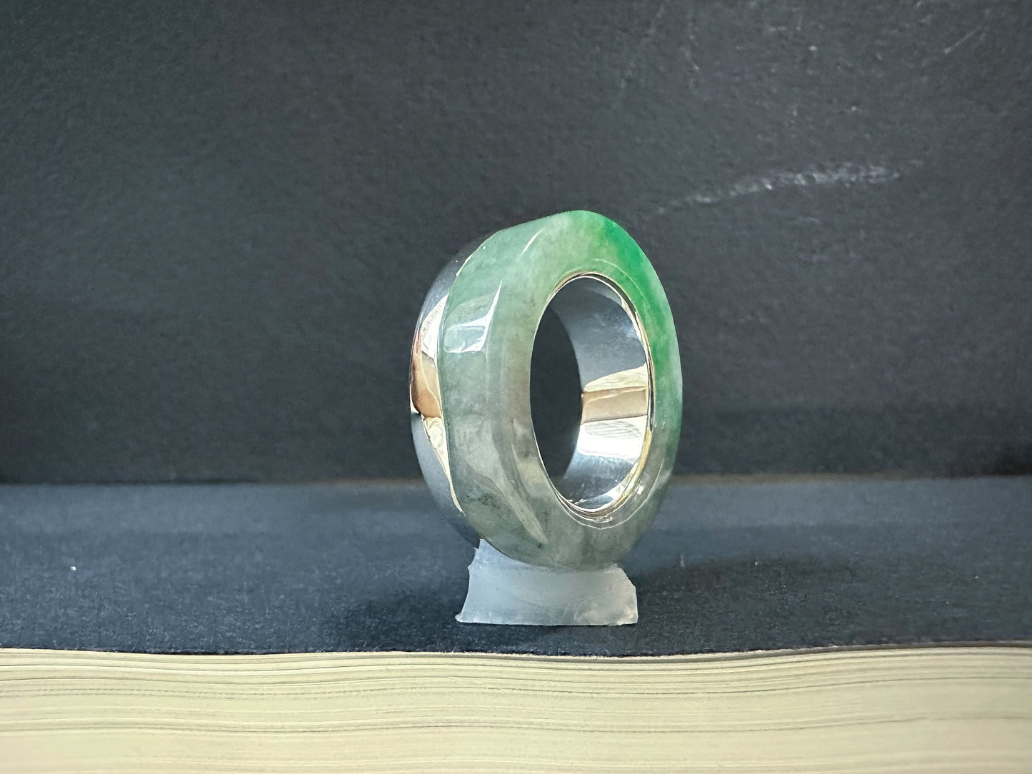 16.8 mm Hand-Carved Type-A Myanmar Jadeite Jade Ring Band, Unique Ring set with 925 Silver