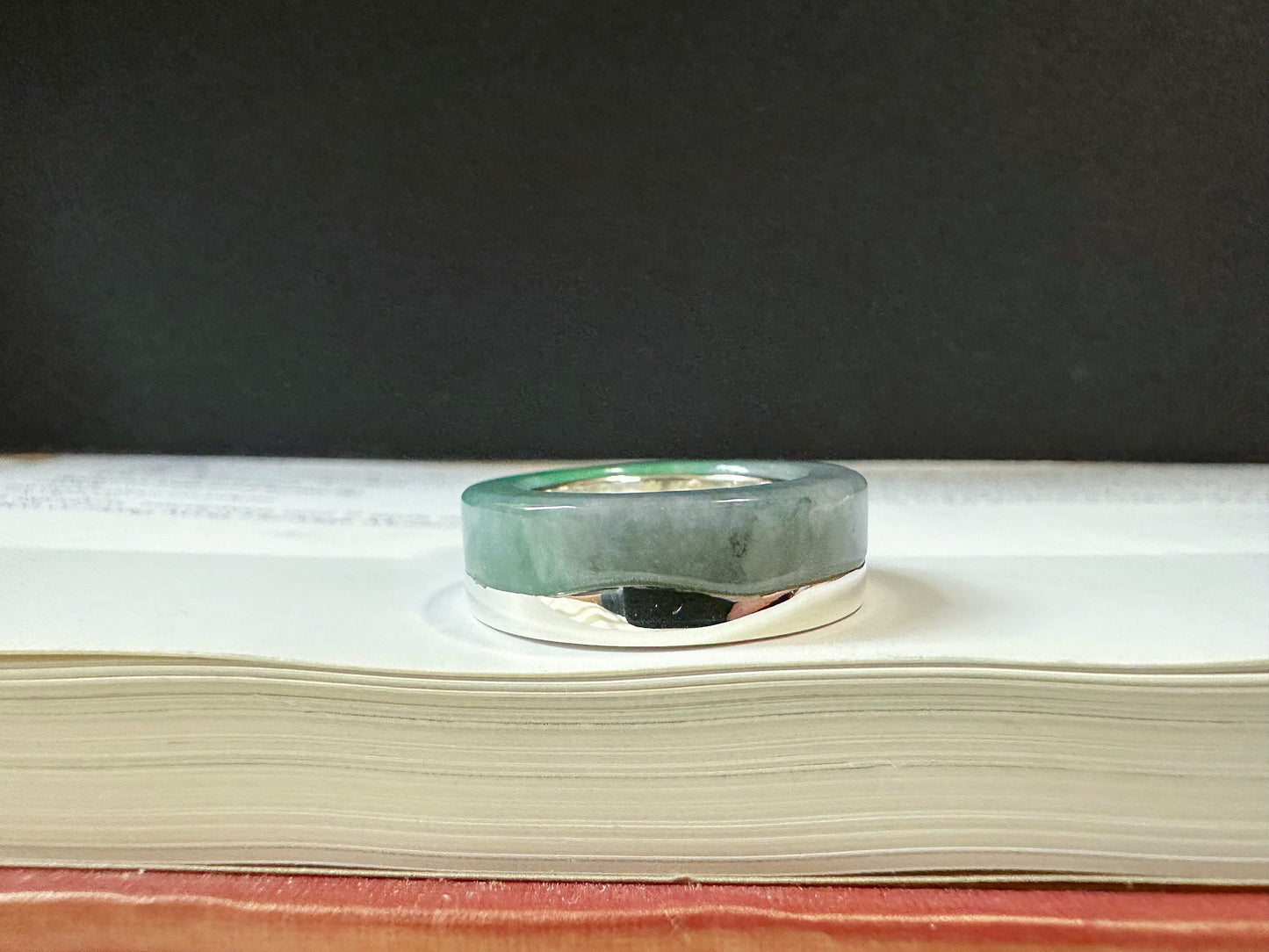 16.8 mm Hand-Carved Type-A Myanmar Jadeite Jade Ring Band, Unique Ring set with 925 Silver