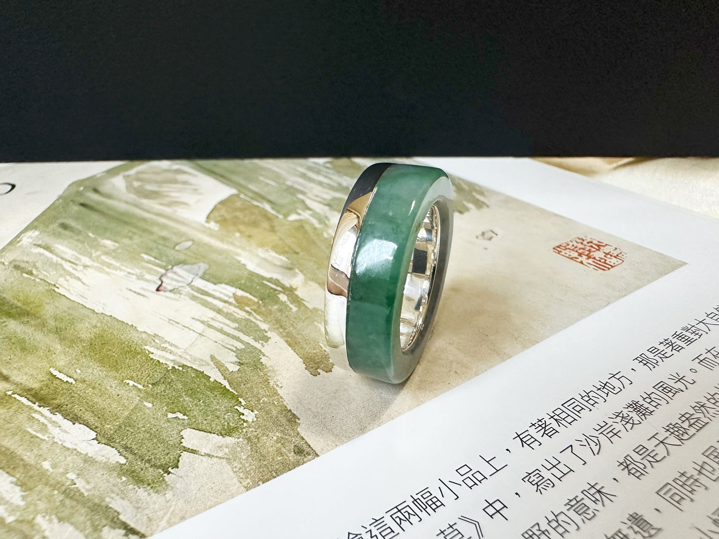 16.8 mm Hand-Carved Type-A Myanmar Jadeite Jade Ring Band, Unique Ring set with 925 Silver