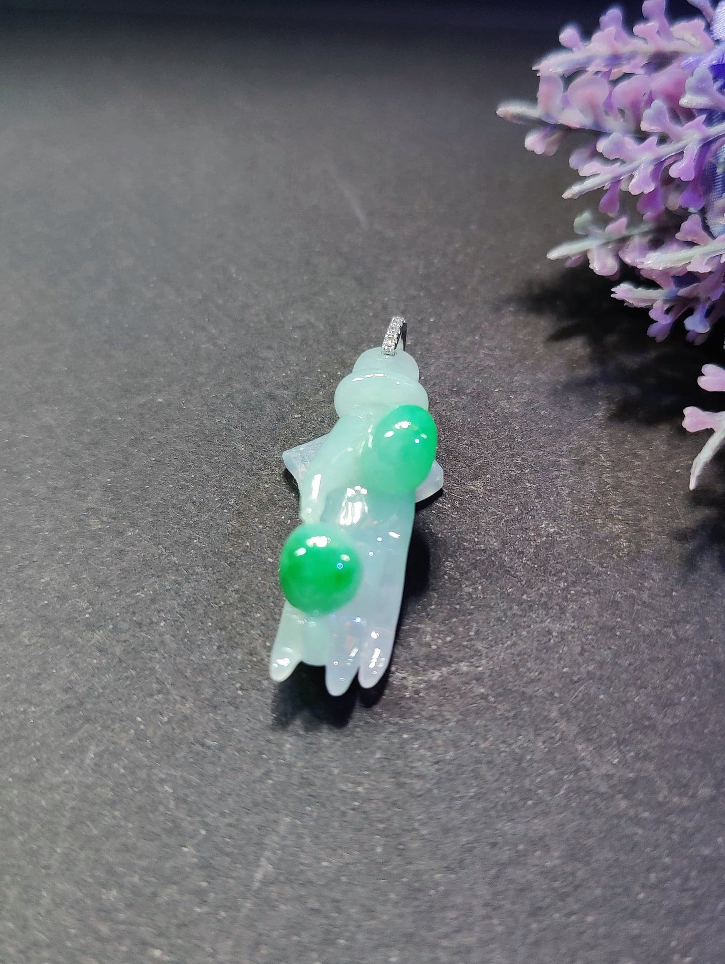 Natural Myanmar Buddha Hand Jade Pendant in 18K Gold and Diamond