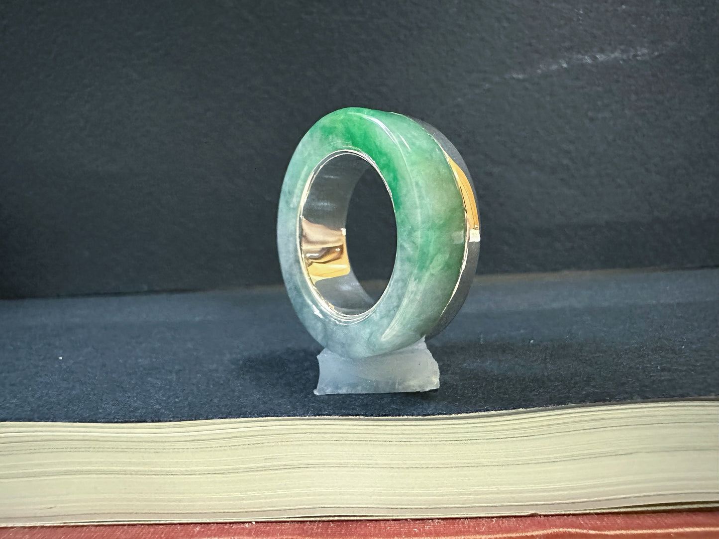 16.8 mm Hand-Carved Type-A Myanmar Jadeite Jade Ring Band, Unique Ring set with 925 Silver