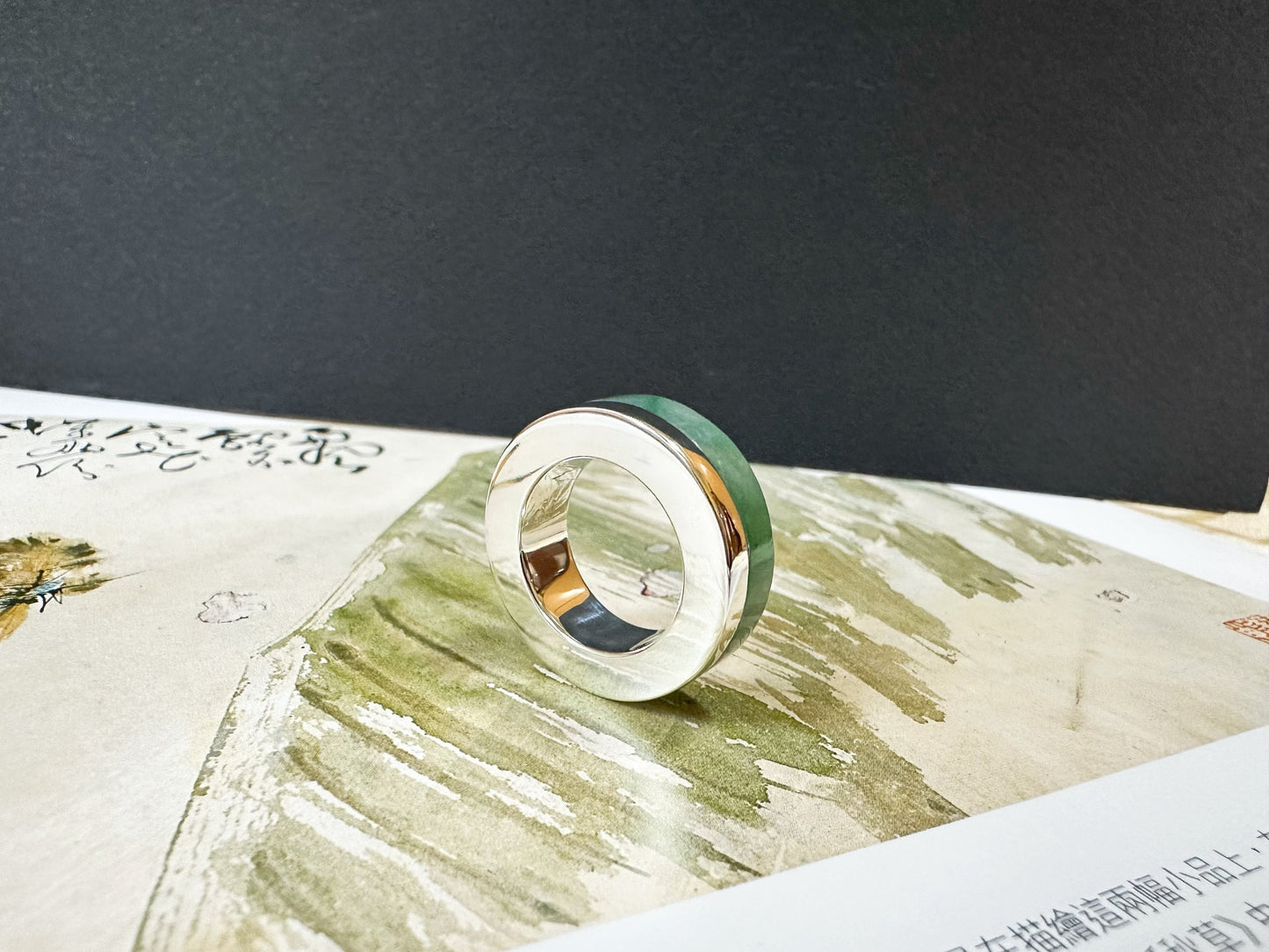 16.8 mm Hand-Carved Type-A Myanmar Jadeite Jade Ring Band, Unique Ring set with 925 Silver