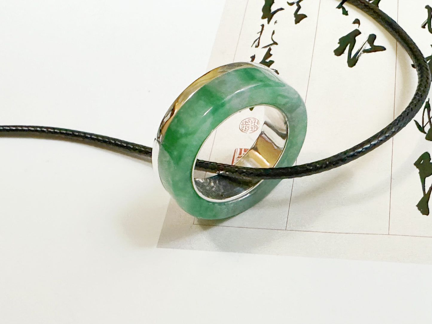 19.0 mm Hand-Carved Type A Myanmar Jadeite Two Way Jade Pendant and Ring Band, Unique Ring set with 925 Silver