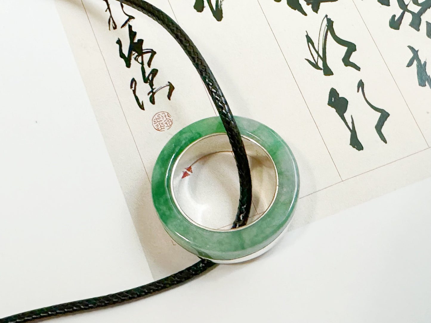 19.0 mm Hand-Carved Type A Myanmar Jadeite Two Way Jade Pendant and Ring Band, Unique Ring set with 925 Silver
