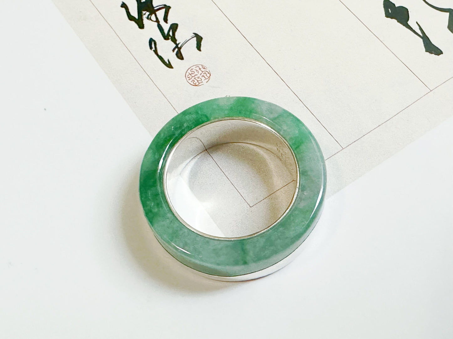 19.0 mm Hand-Carved Type A Myanmar Jadeite Two Way Jade Pendant and Ring Band, Unique Ring set with 925 Silver