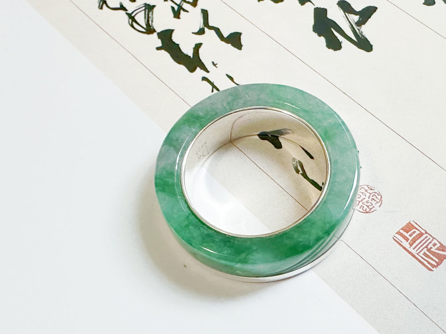 19.0 mm Hand-Carved Type A Myanmar Jadeite Two Way Jade Pendant and Ring Band, Unique Ring set with 925 Silver