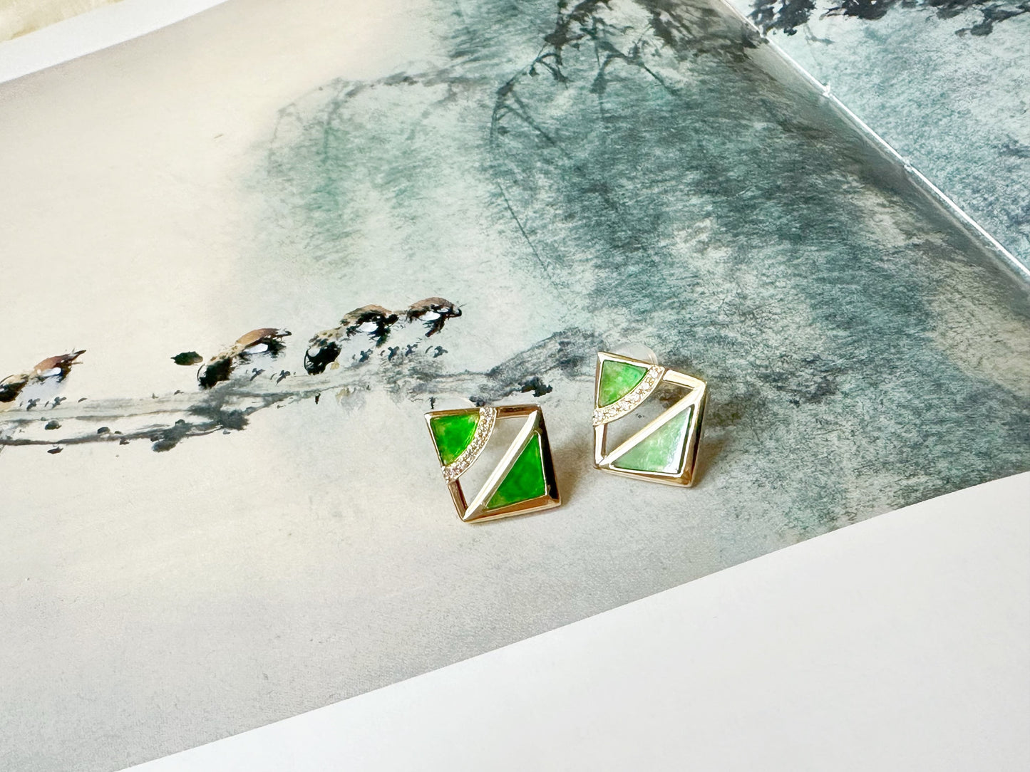 Natural Myanmar Iridescent Green Triangle Jade Ear Studs in 18K Gold and Diamond