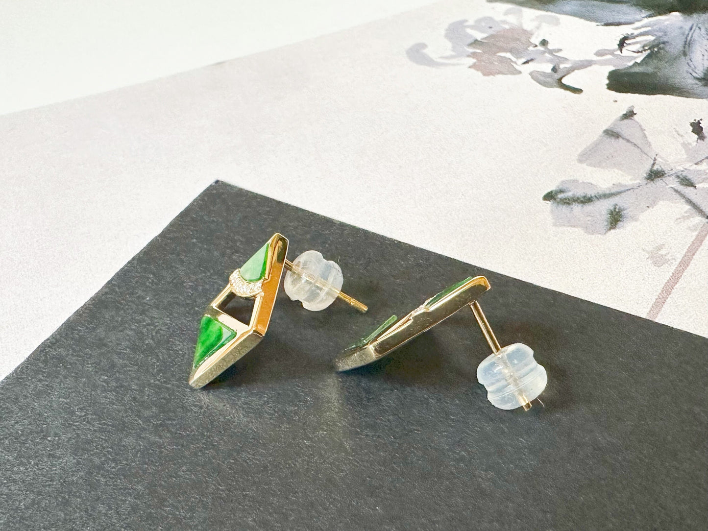 Natural Myanmar Iridescent Green Triangle Jade Ear Studs in 18K Gold and Diamond