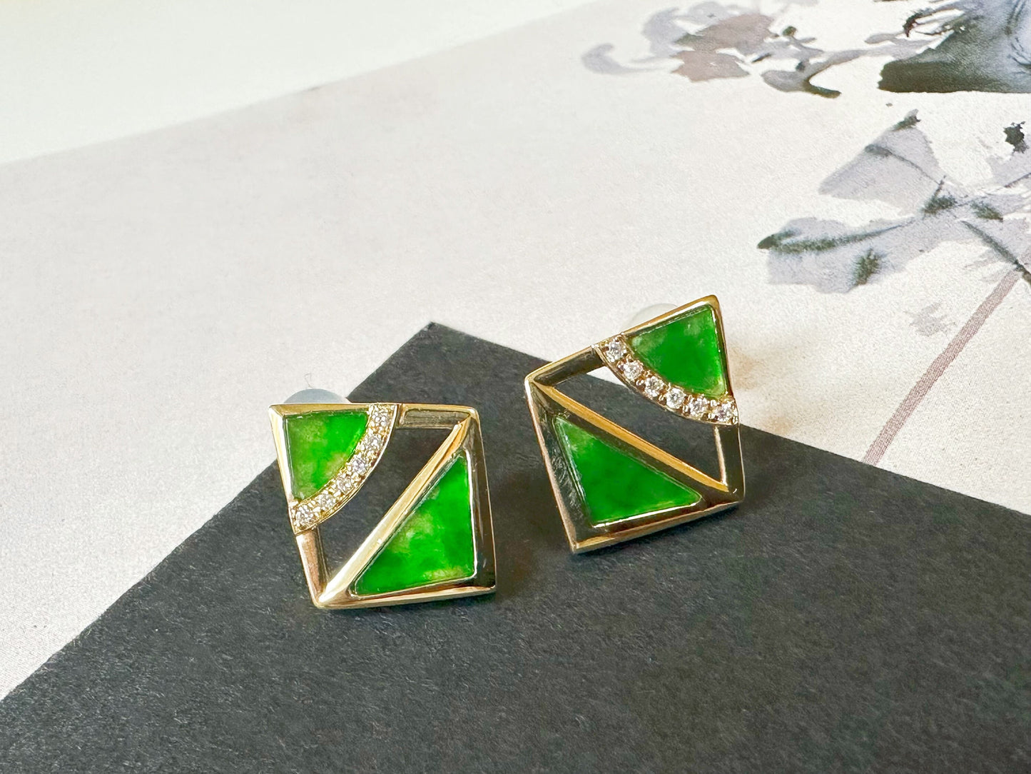 Natural Myanmar Iridescent Green Triangle Jade Ear Studs in 18K Gold and Diamond