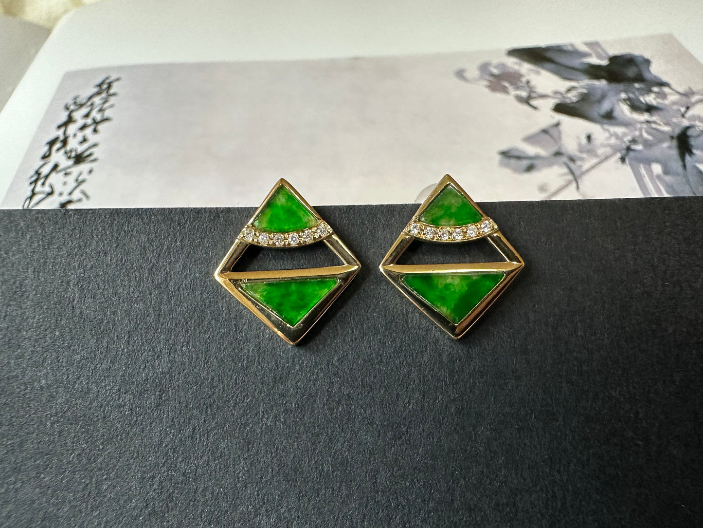 Natural Myanmar Iridescent Green Triangle Jade Ear Studs in 18K Gold and Diamond