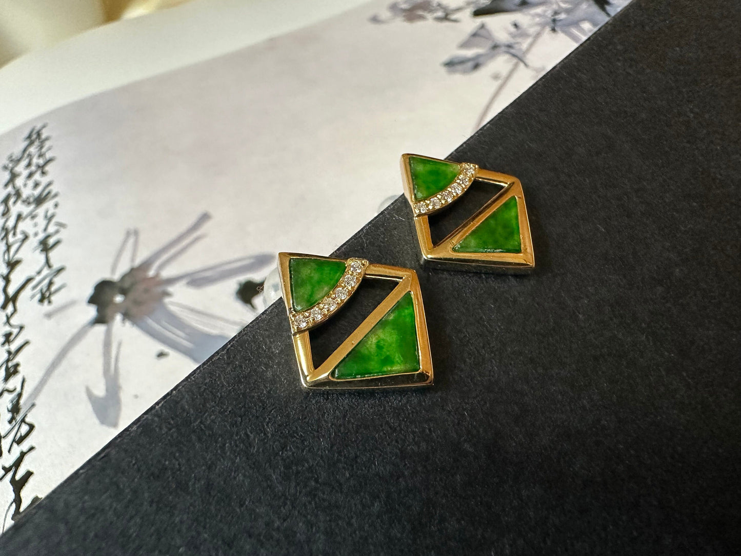 Natural Myanmar Iridescent Green Triangle Jade Ear Studs in 18K Gold and Diamond