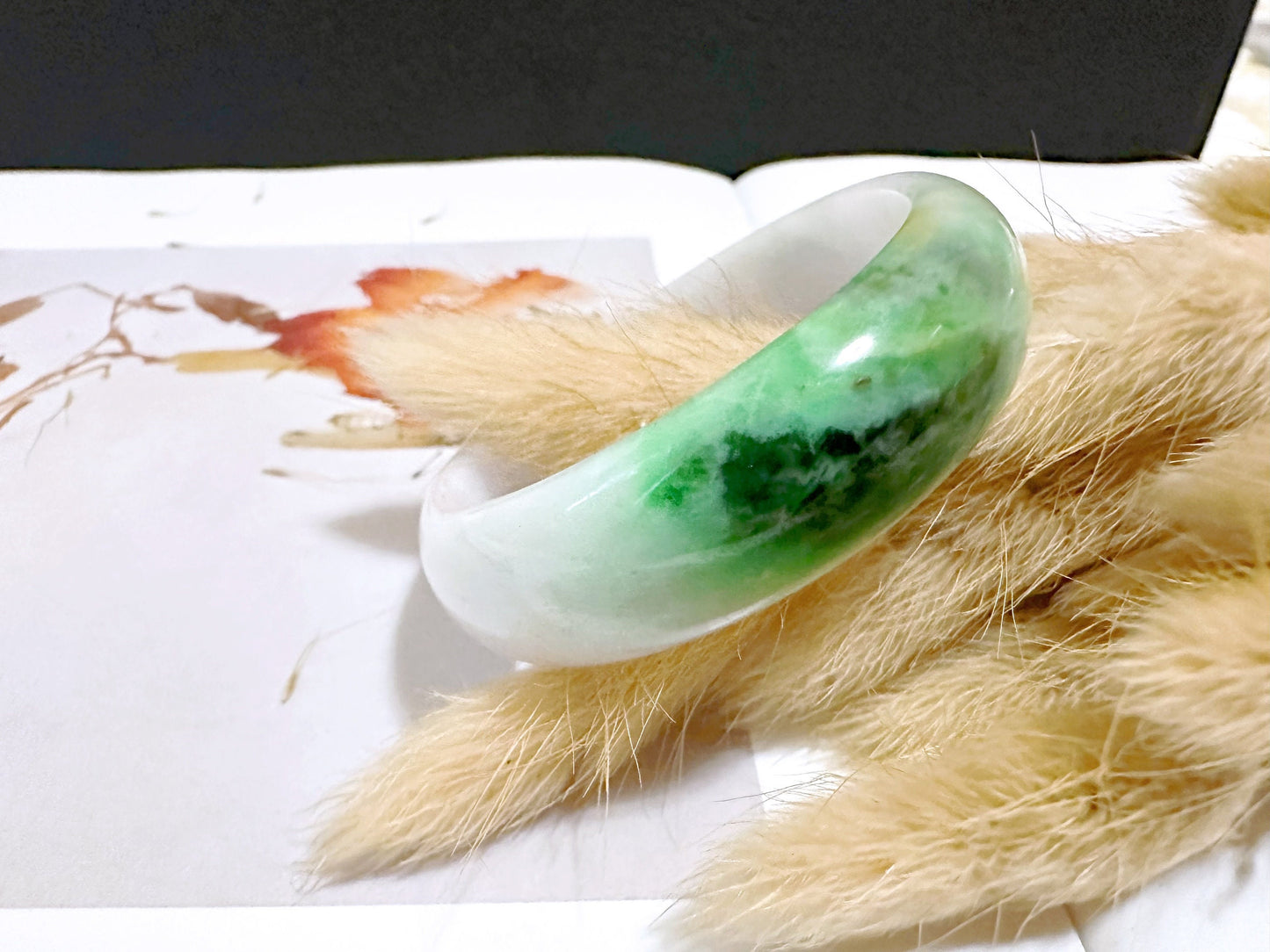 Natural Myanmar Vivid Apple Green Tricolor Oval Shape Jade Bangle