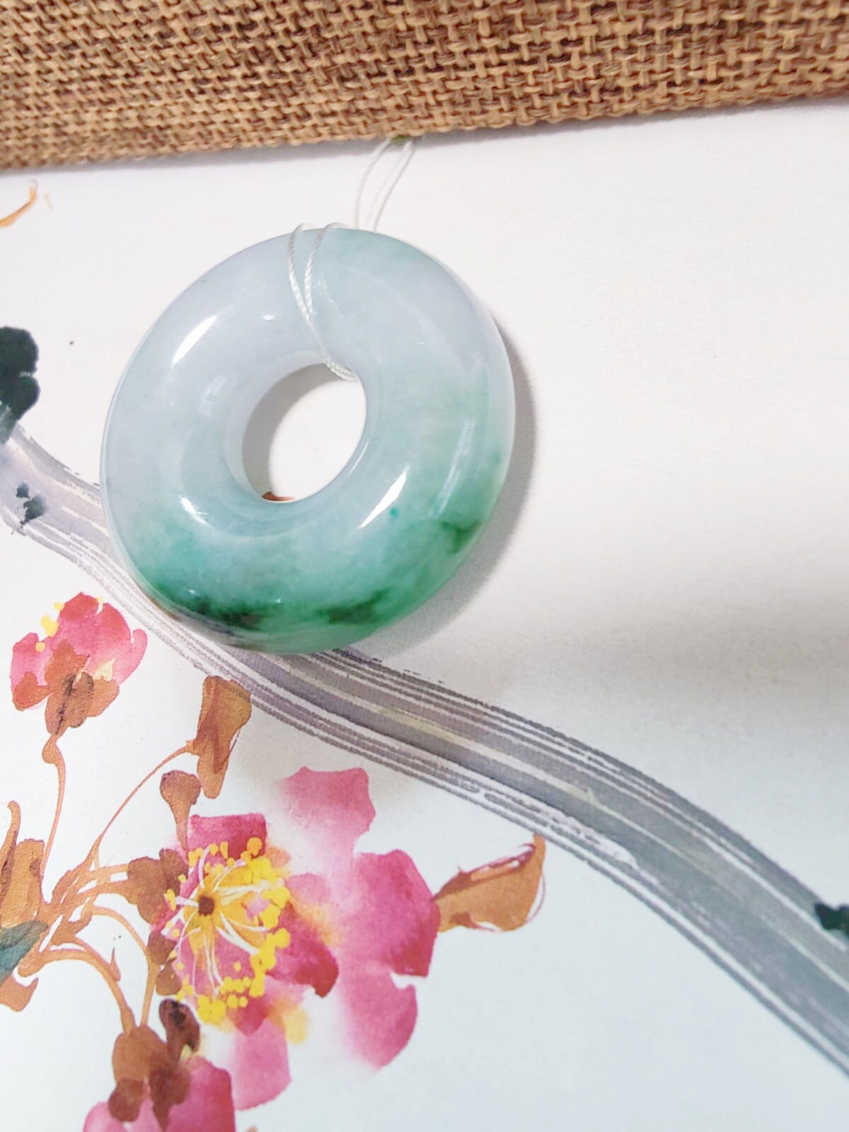 Natural Vivid Gradient Green Halo Donut Jadeite, Round Circle Jade Pendant