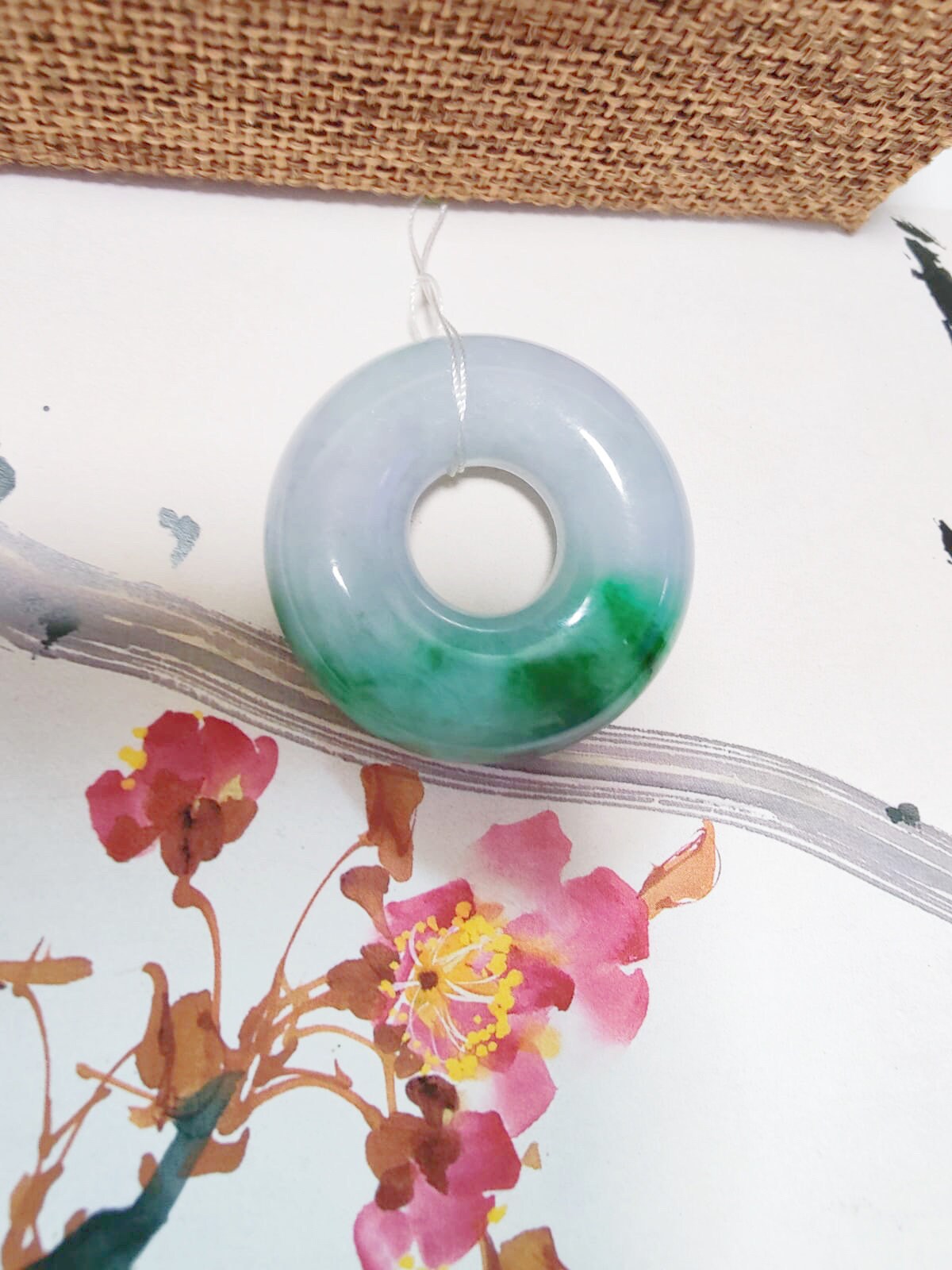 Natural Vivid Gradient Green Halo Donut Jadeite, Round Circle Jade Pendant