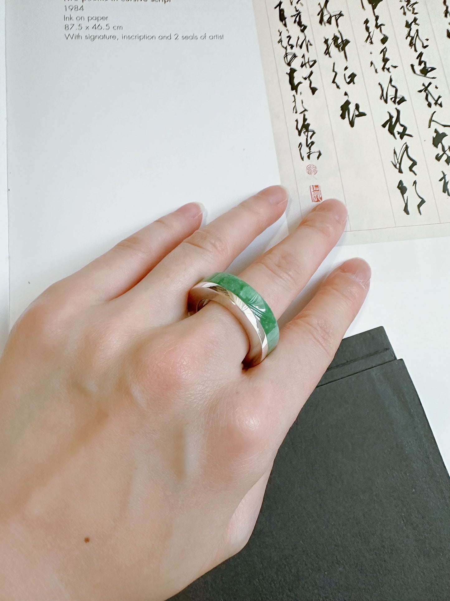 19.0 mm Hand-Carved Type A Myanmar Jadeite Two Way Jade Pendant and Ring Band, Unique Ring set with 925 Silver