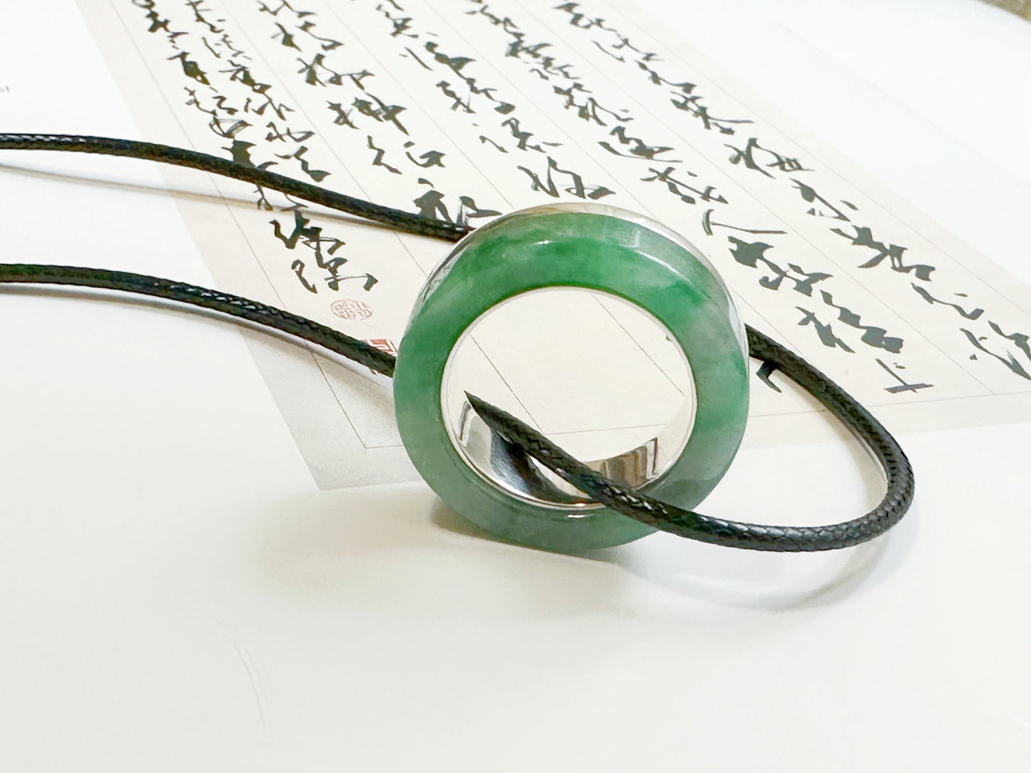 19.0 mm Hand-Carved Type A Myanmar Jadeite Two Way Jade Pendant and Ring Band, Unique Ring set with 925 Silver