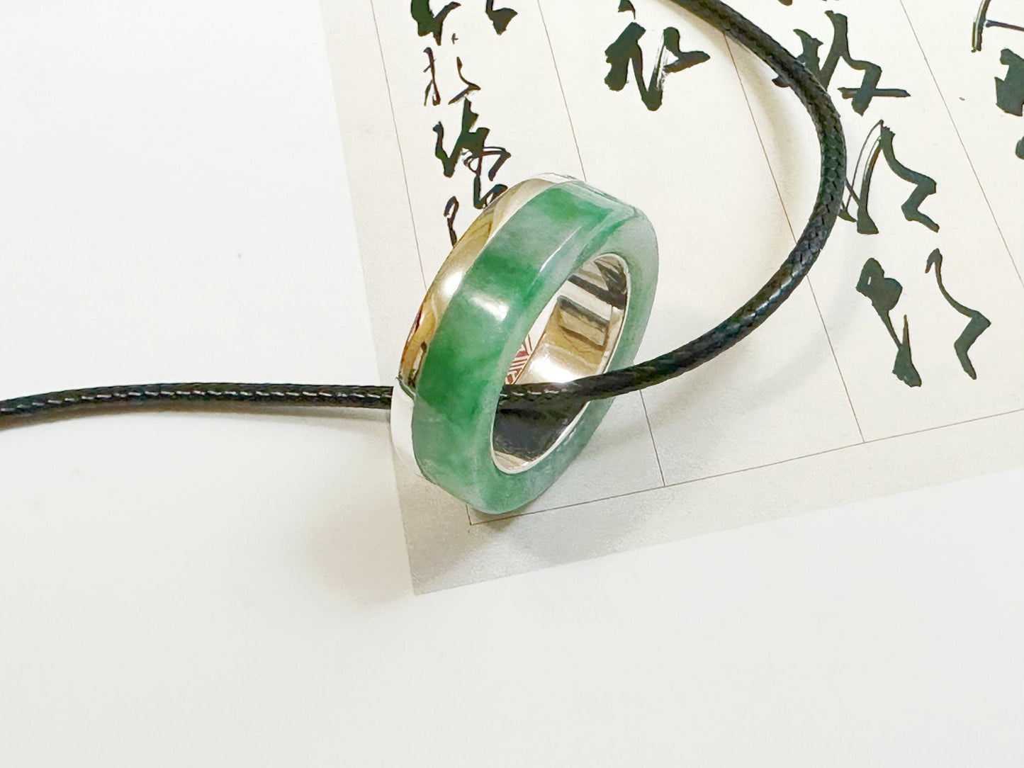 19.0 mm Hand-Carved Type A Myanmar Jadeite Two Way Jade Pendant and Ring Band, Unique Ring set with 925 Silver