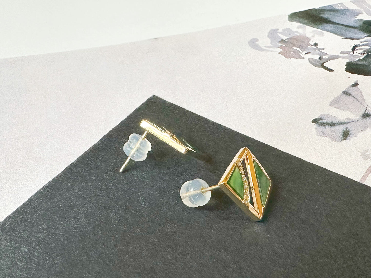Natural Myanmar Iridescent Green Triangle Jade Ear Studs in 18K Gold and Diamond