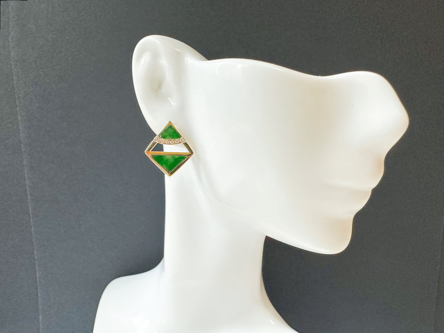 Natural Myanmar Iridescent Green Triangle Jade Ear Studs in 18K Gold and Diamond