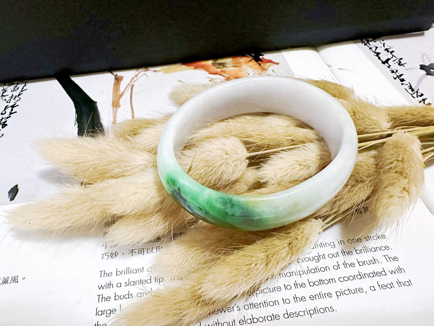 Natural Myanmar Vivid Apple Green Tricolor Oval Shape Jade Bangle