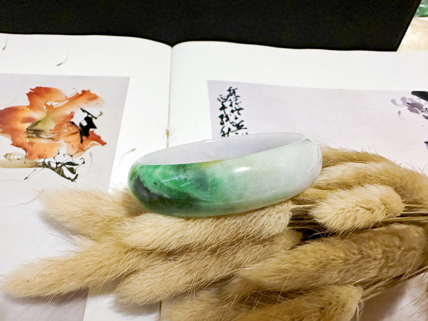 Natural Myanmar Vivid Apple Green Tricolor Oval Shape Jade Bangle