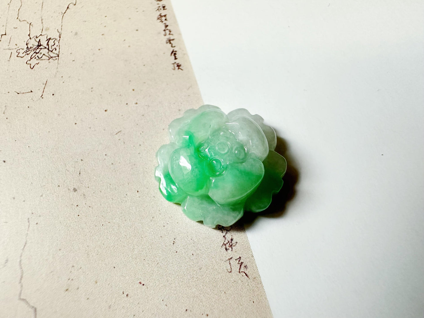 Natural Myanmar Carved Camelia Flower Vivid Green Jade Loose Stone