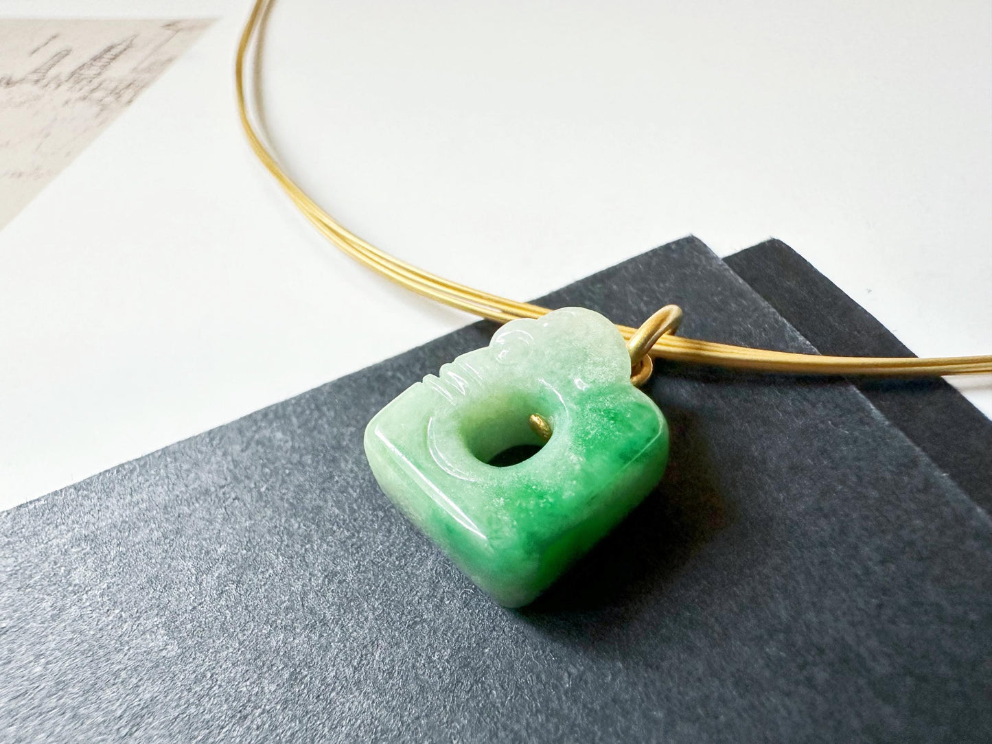 Natural Myanmar Vivid Green Jade Carved Ancient Dragon in 18K Bail Pendant