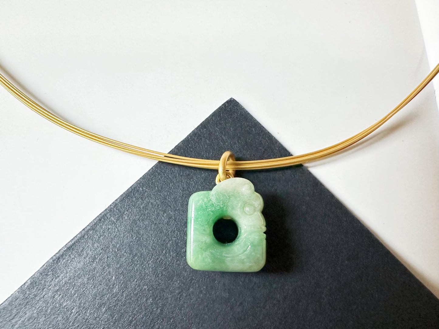 Natural Myanmar Vivid Green Jade Carved Ancient Dragon in 18K Bail Pendant