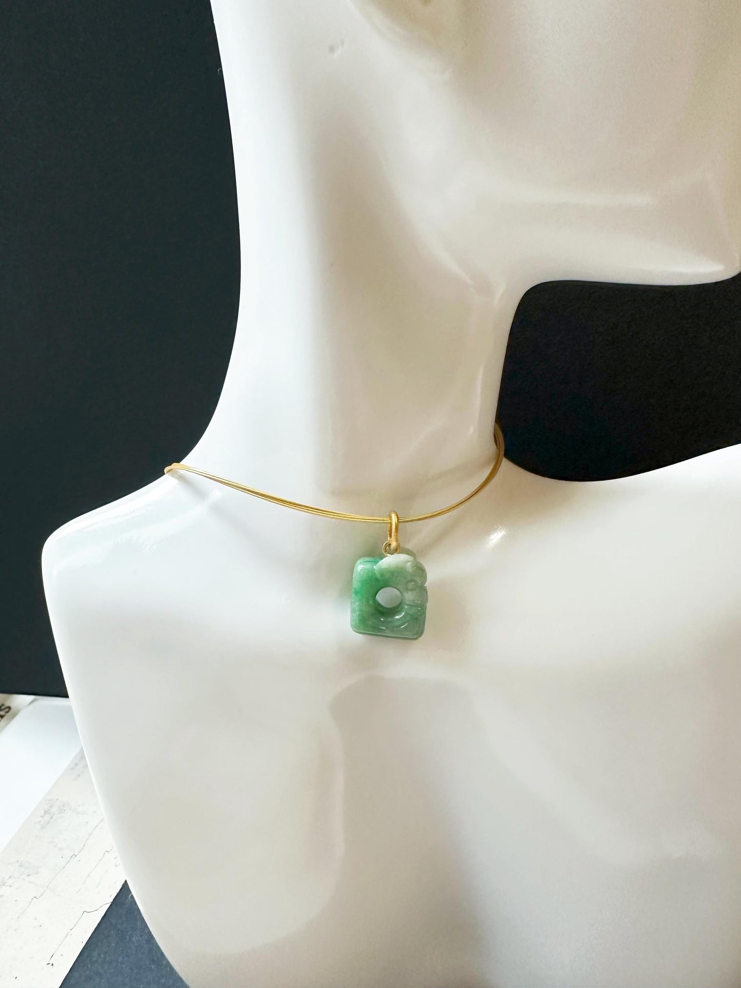 Natural Myanmar Vivid Green Jade Carved Ancient Dragon in 18K Bail Pendant