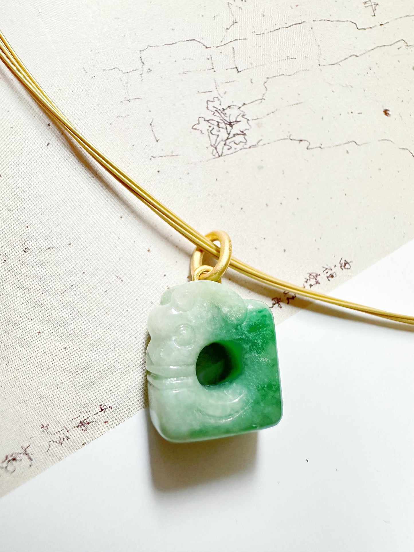 Natural Myanmar Vivid Green Jade Carved Ancient Dragon in 18K Bail Pendant
