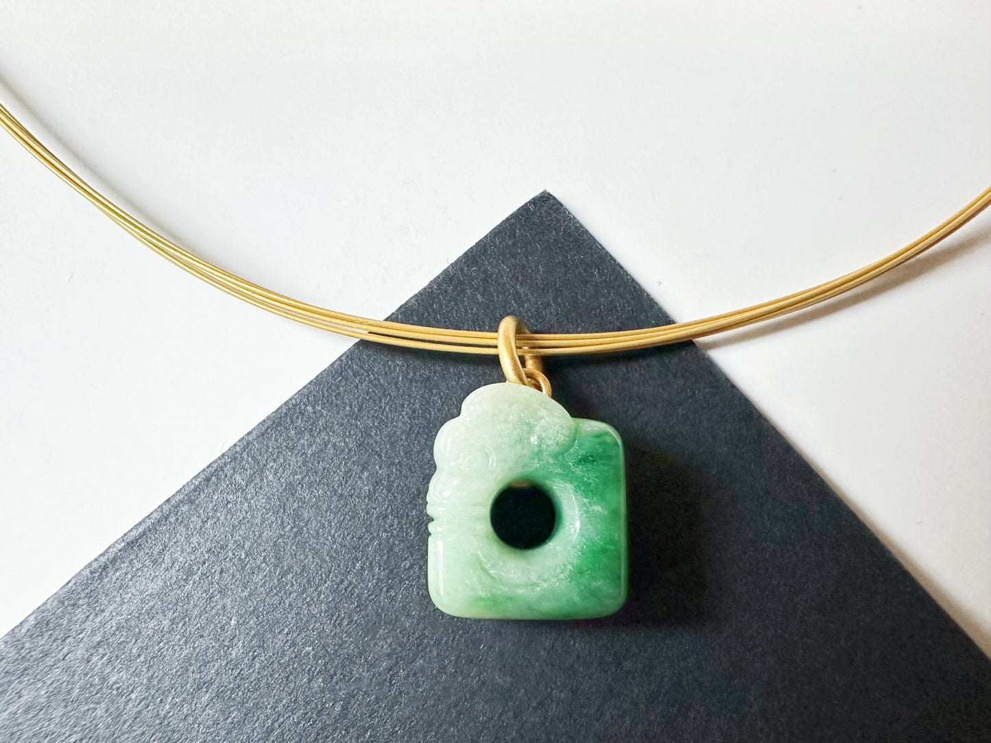 Natural Myanmar Vivid Green Jade Carved Ancient Dragon in 18K Bail Pendant