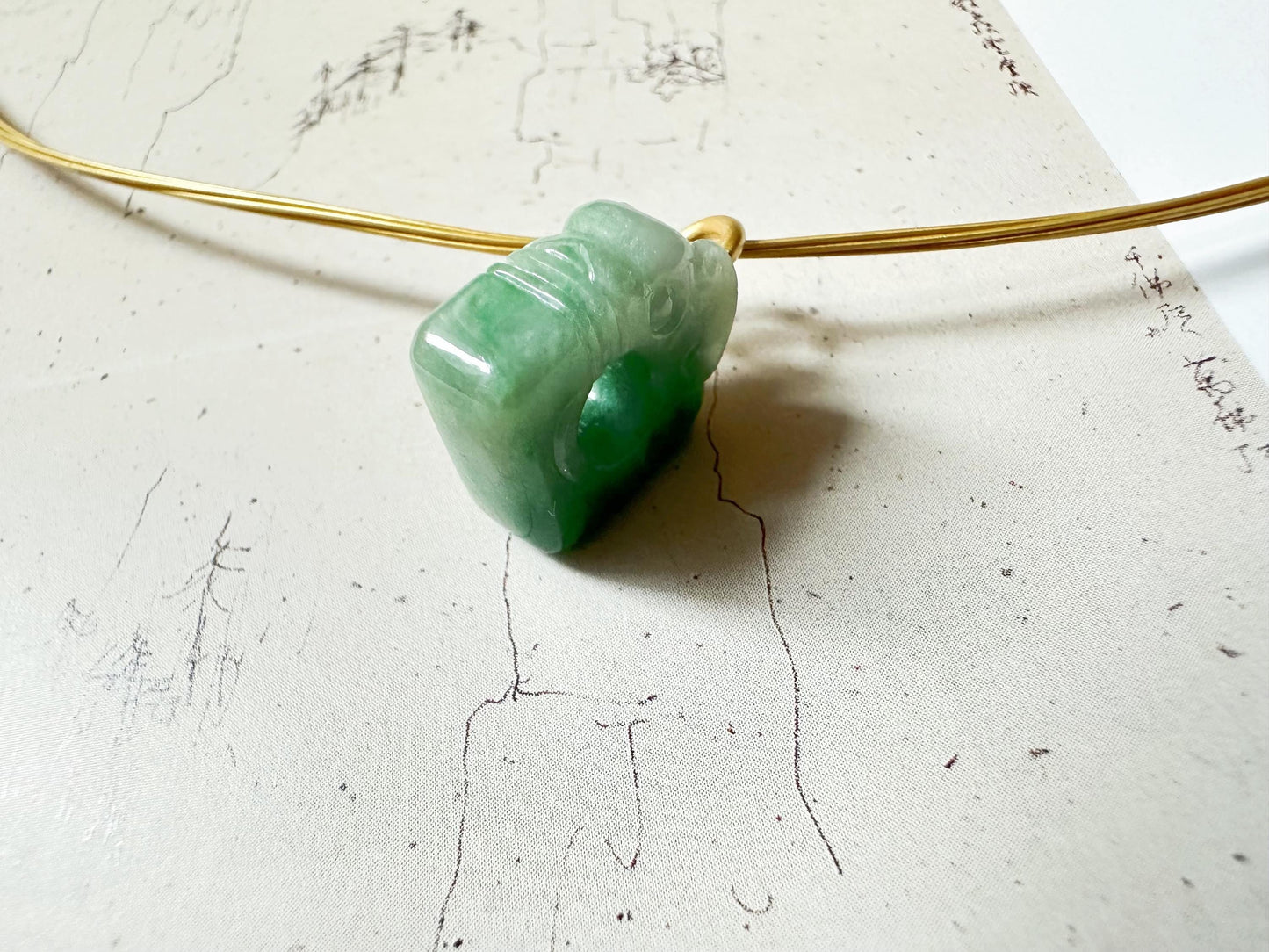 Natural Myanmar Vivid Green Jade Carved Ancient Dragon in 18K Bail Pendant