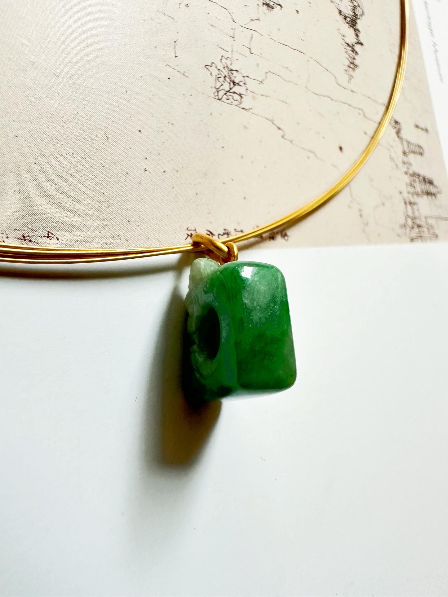 Natural Myanmar Vivid Green Jade Carved Ancient Dragon in 18K Bail Pendant