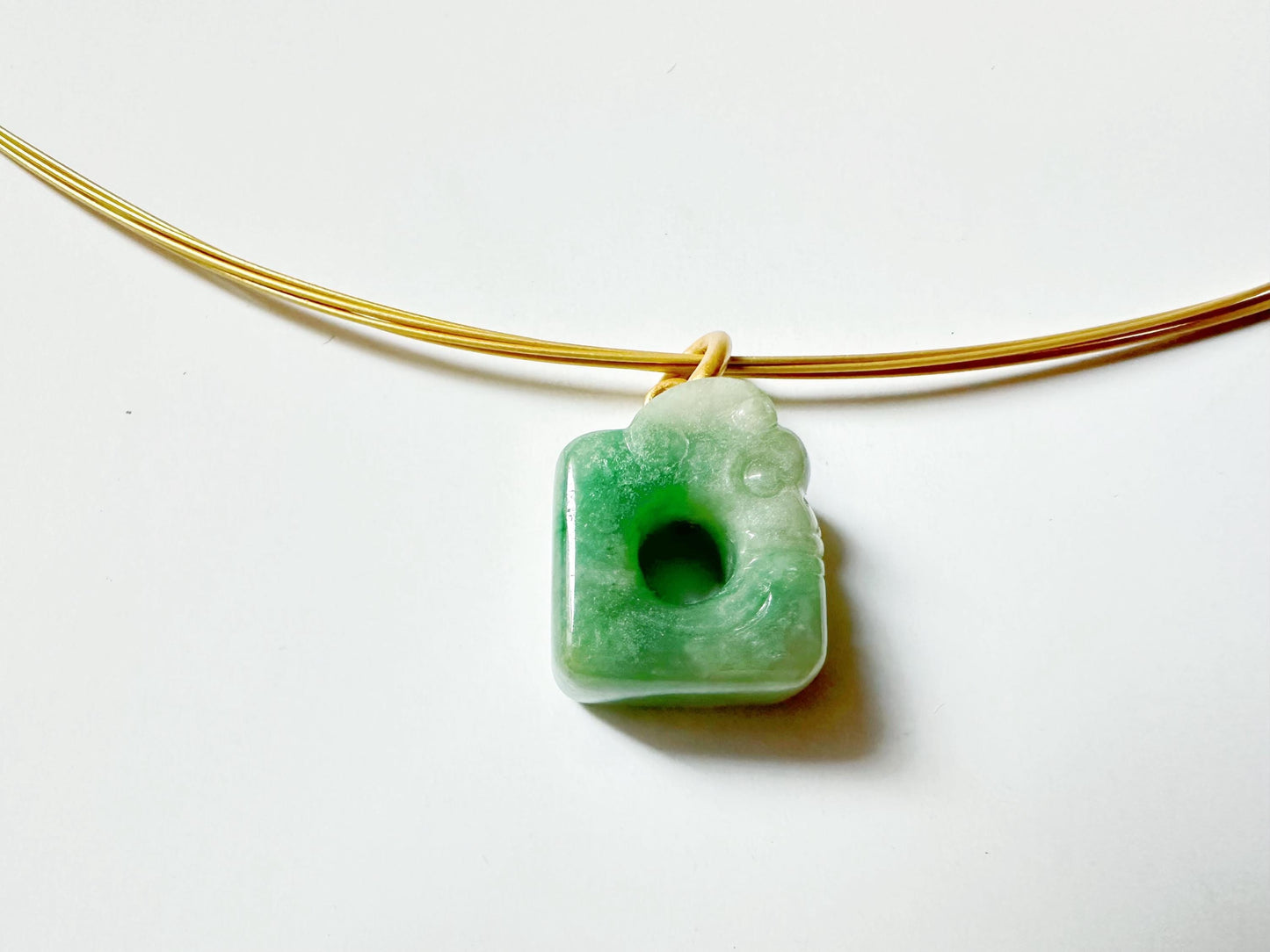 Natural Myanmar Vivid Green Jade Carved Ancient Dragon in 18K Bail Pendant