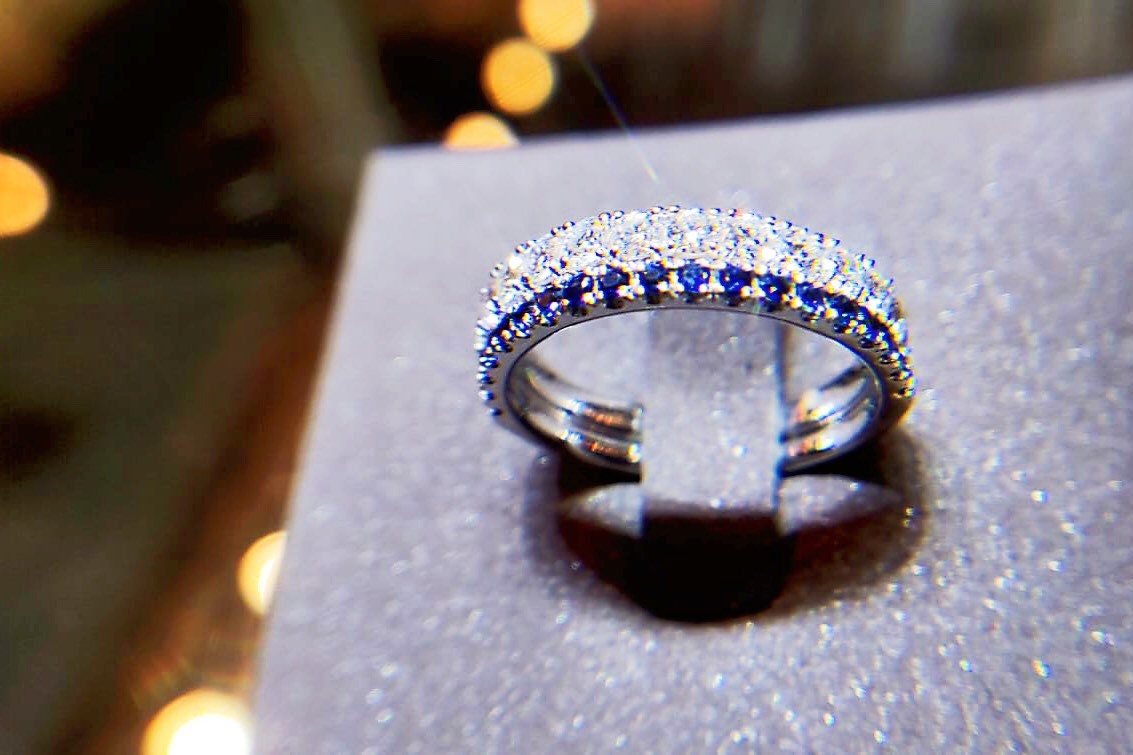 Platinum Double Diamond Sapphire Wedding Band Stacking Ring