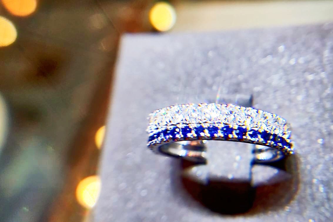 Platinum Double Diamond Sapphire Wedding Band Stacking Ring